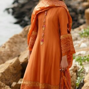 Orange Bell Sleeve Long Dress for Wedding Guest. Pakistanis/indian 3 piece.